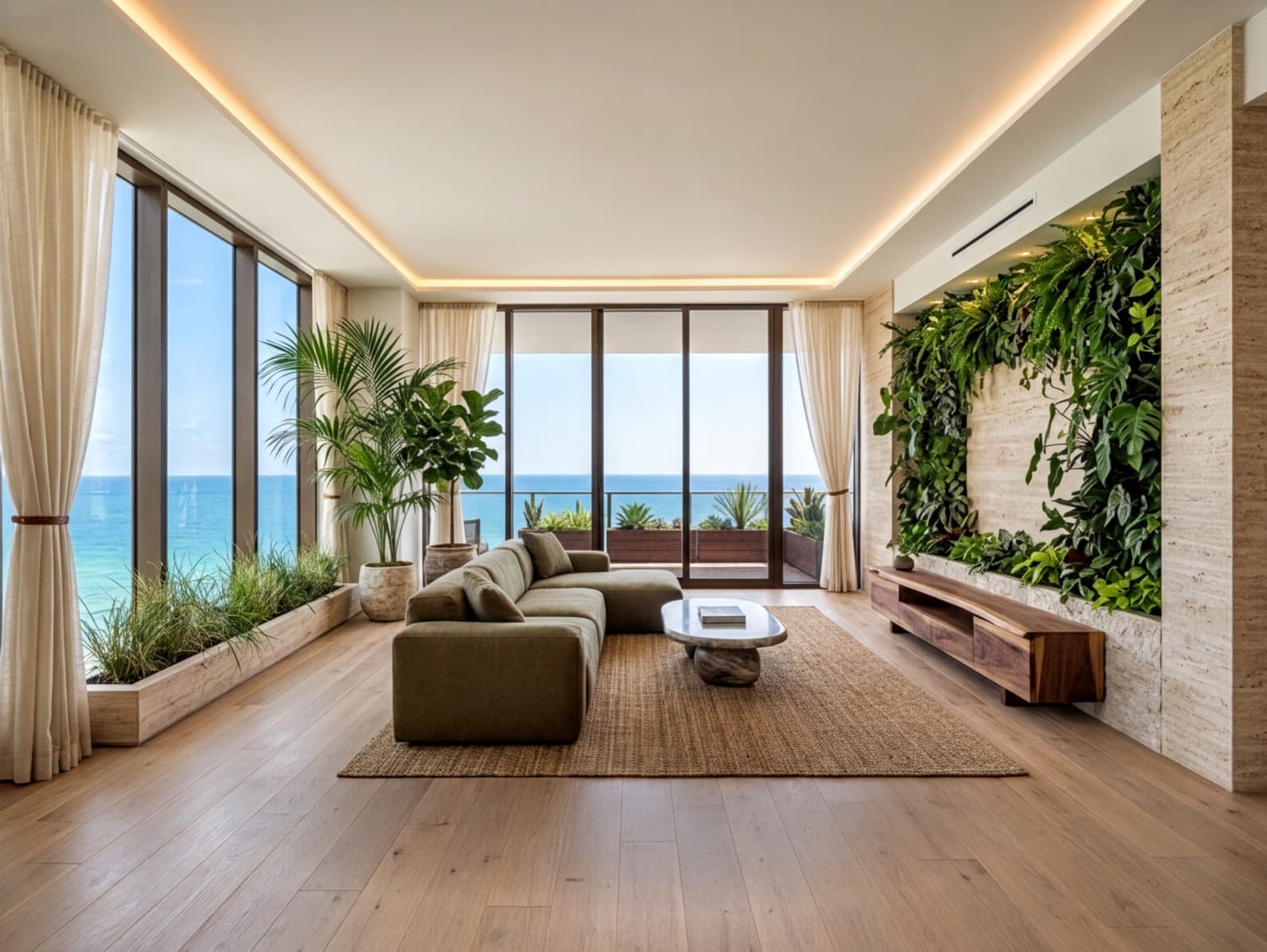 Oceanfront living room staged in a biophilic style with a living plant wall