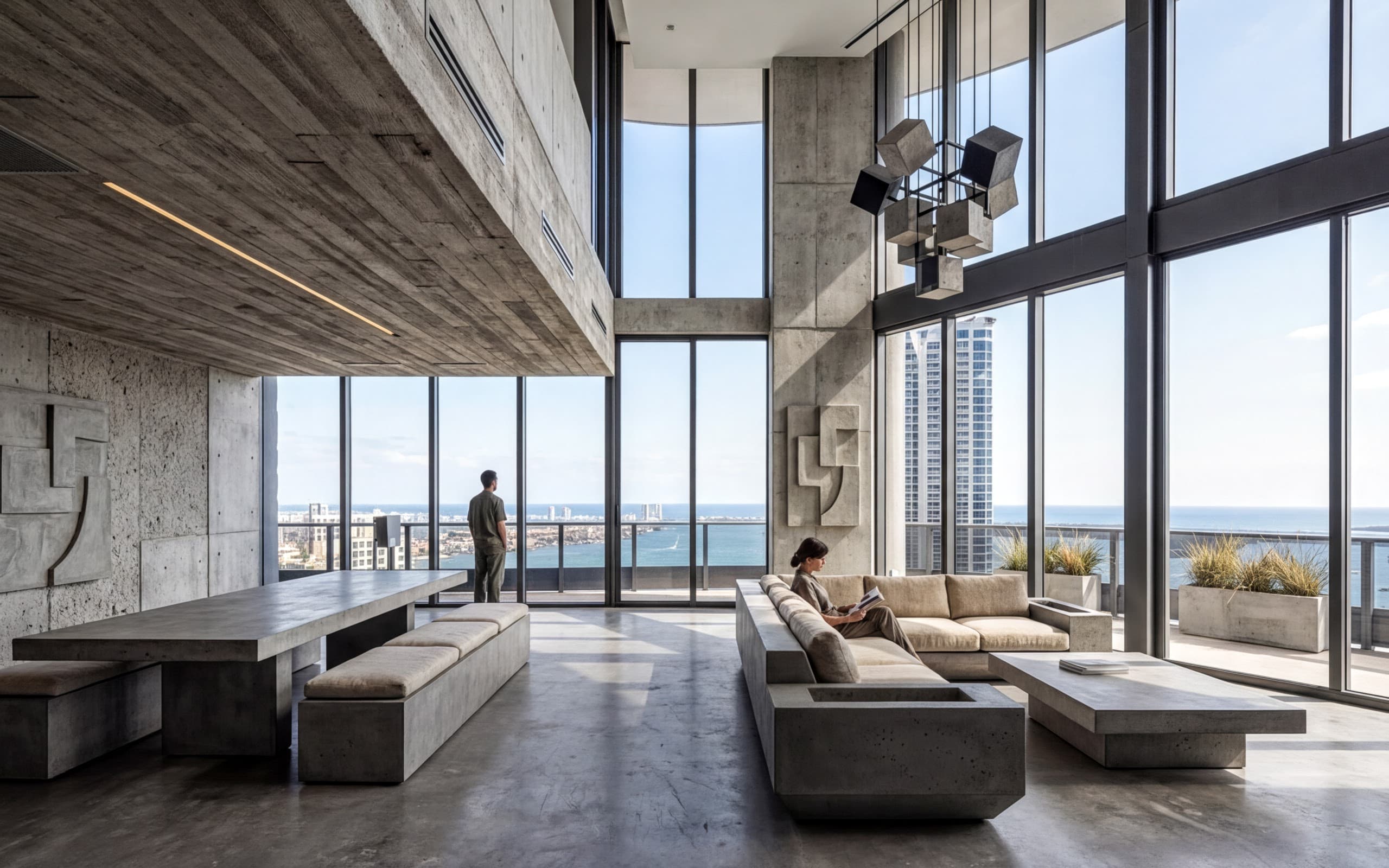 Double-height concrete living room staged in a Brutalist style
