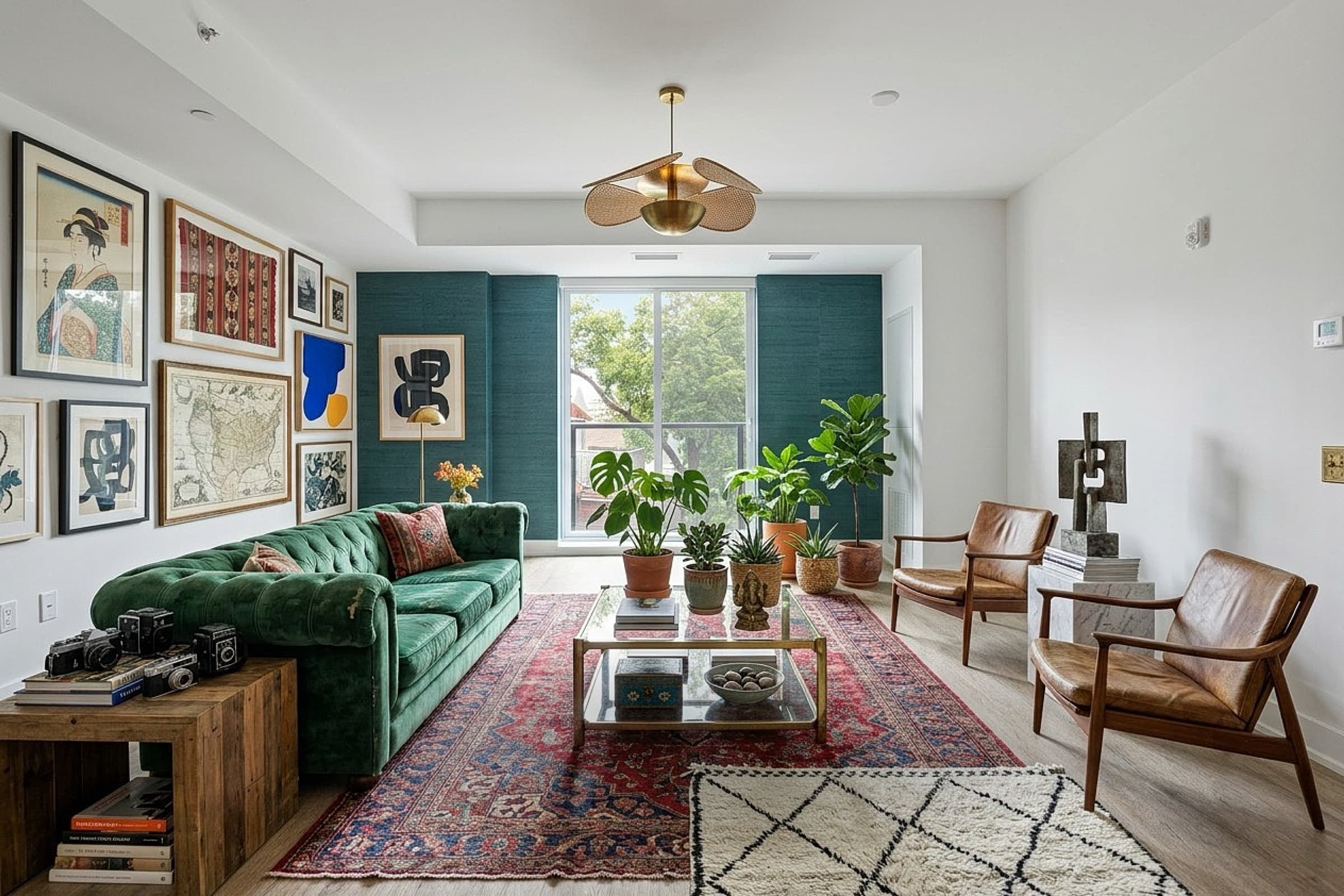 Living room staged in an eclectic style with a green velvet sofa and a gallery wall