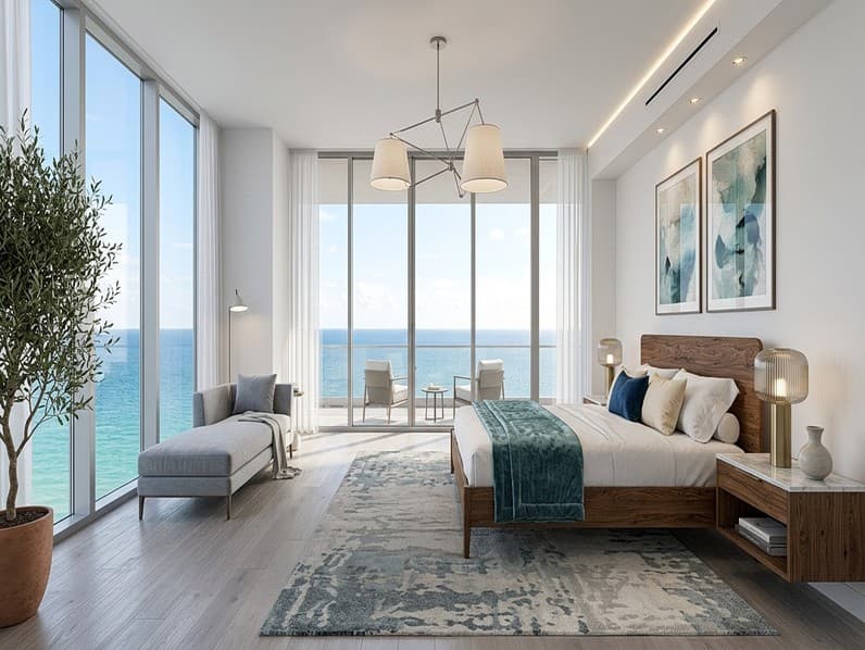 3D walkthrough render of a beachfront bedroom with ocean views