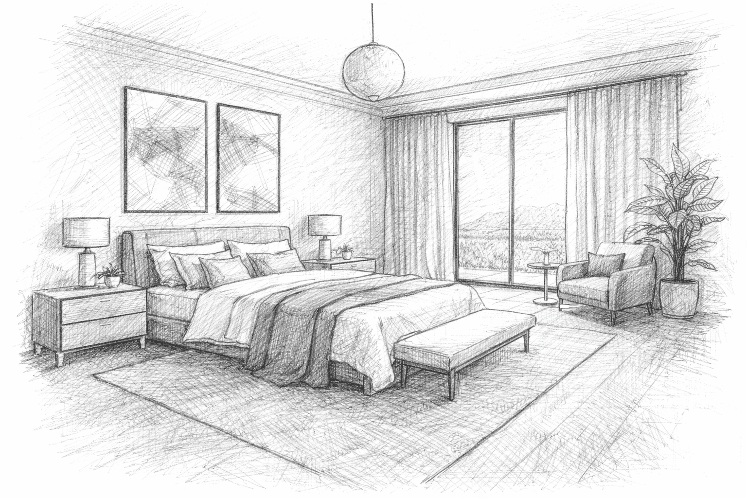 Hand-drawn pencil sketch of a bedroom with bed, nightstands, and window