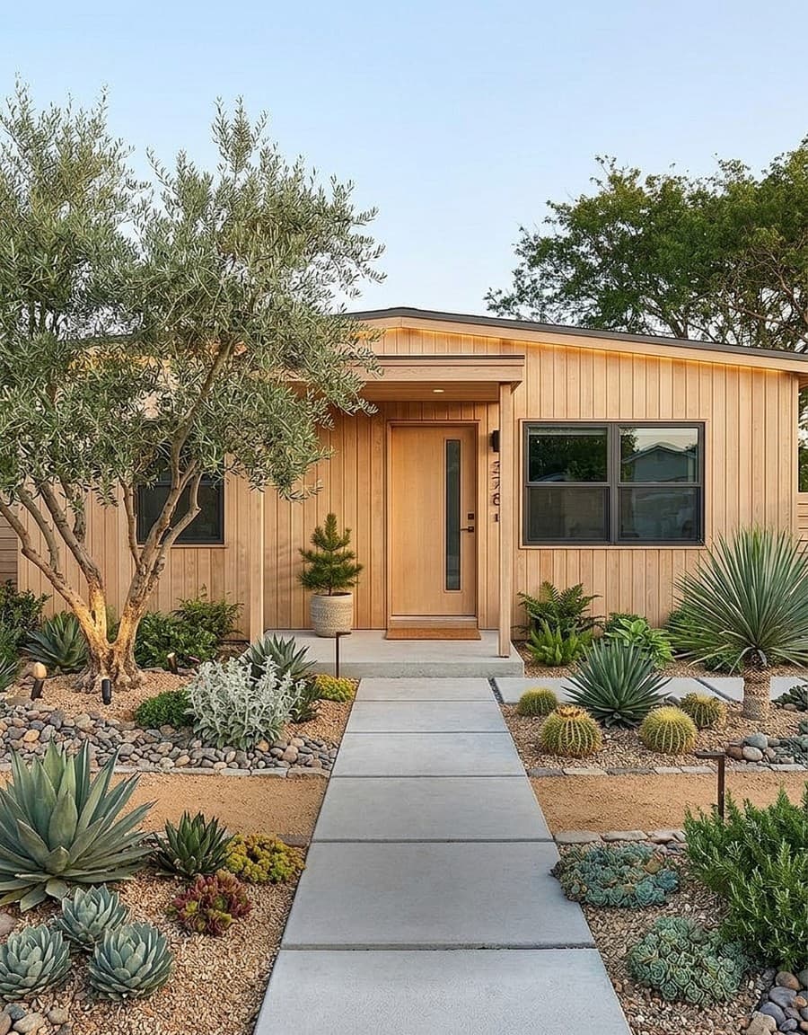 Single-story home with desert landscaping, agaves and a concrete walkway