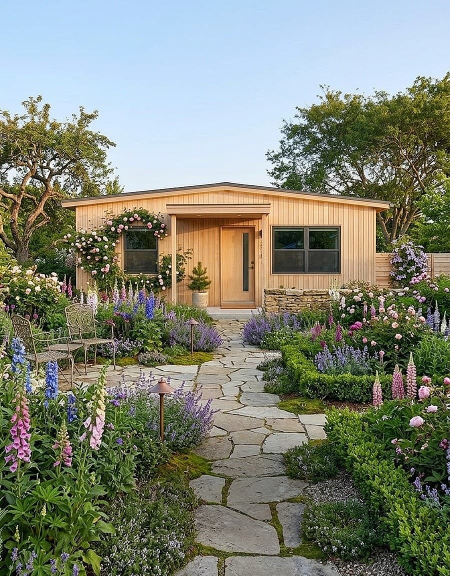 House with an English garden featuring flower beds, climbing roses, and a stone path