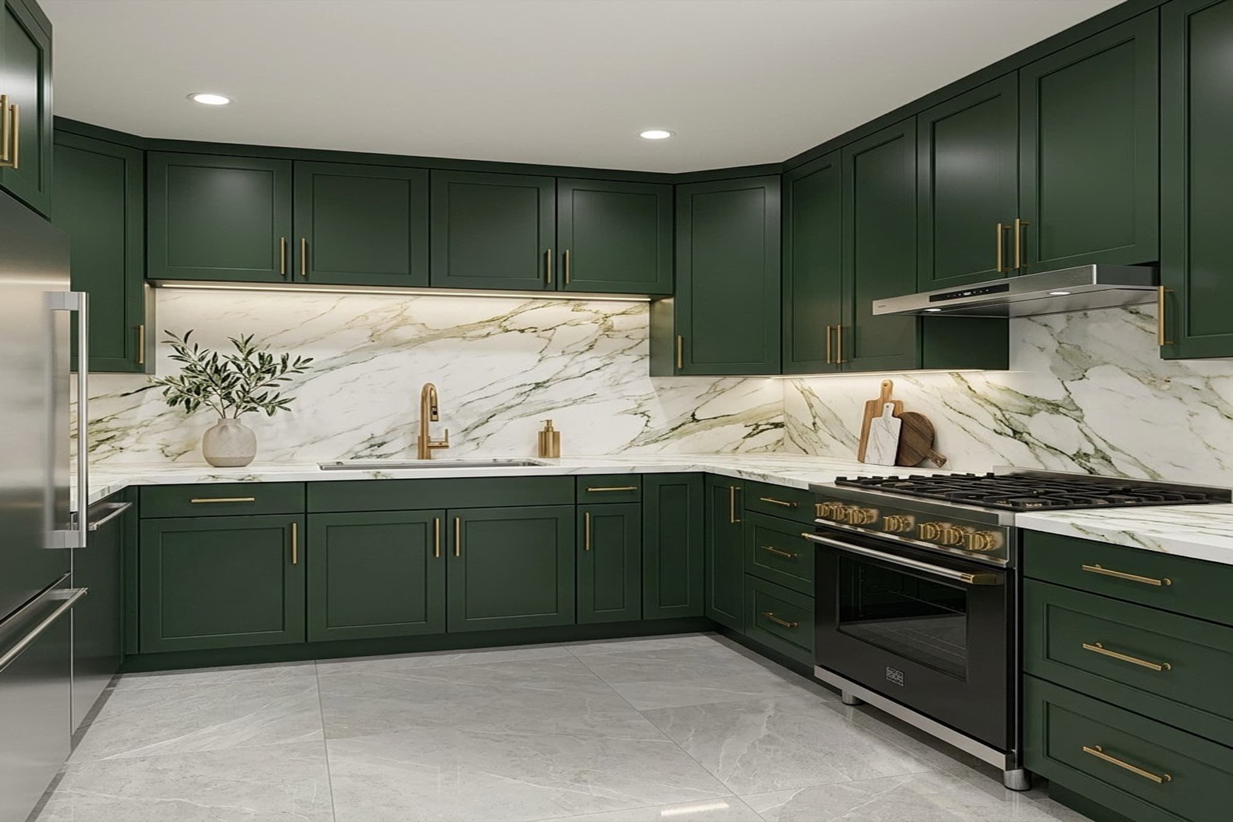 The same kitchen redesigned with deep green cabinets and marble counters and backsplash