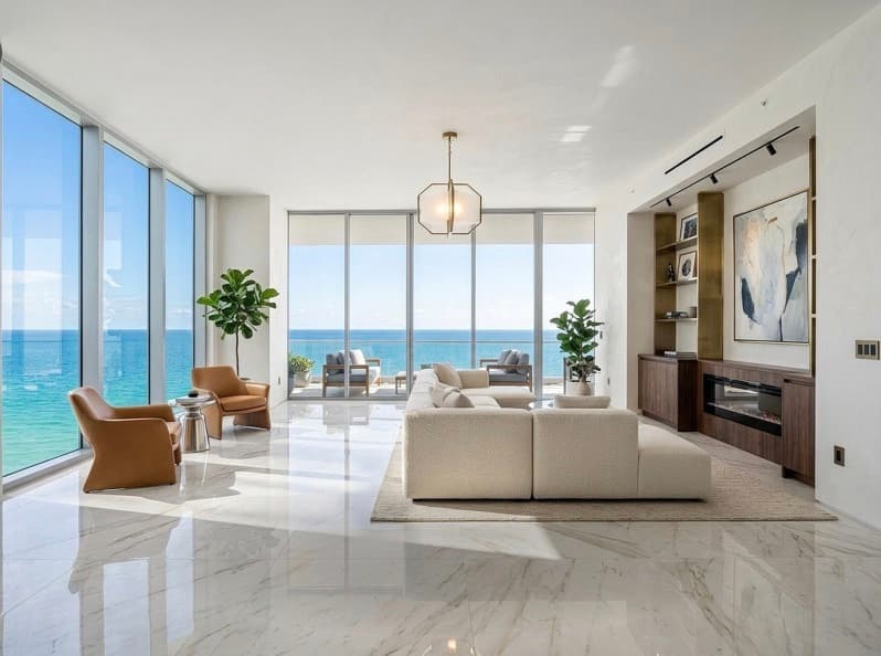 The same oceanfront condo virtually staged with marble floors, a cream sectional, lounge chairs and a pendant light