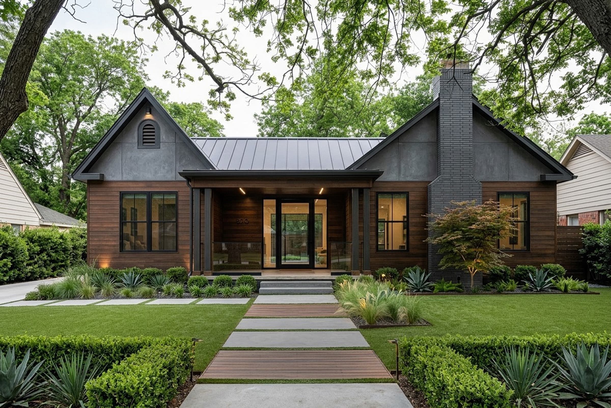 Modern facade renovation with wood and dark siding, updated landscaping and a new walkway