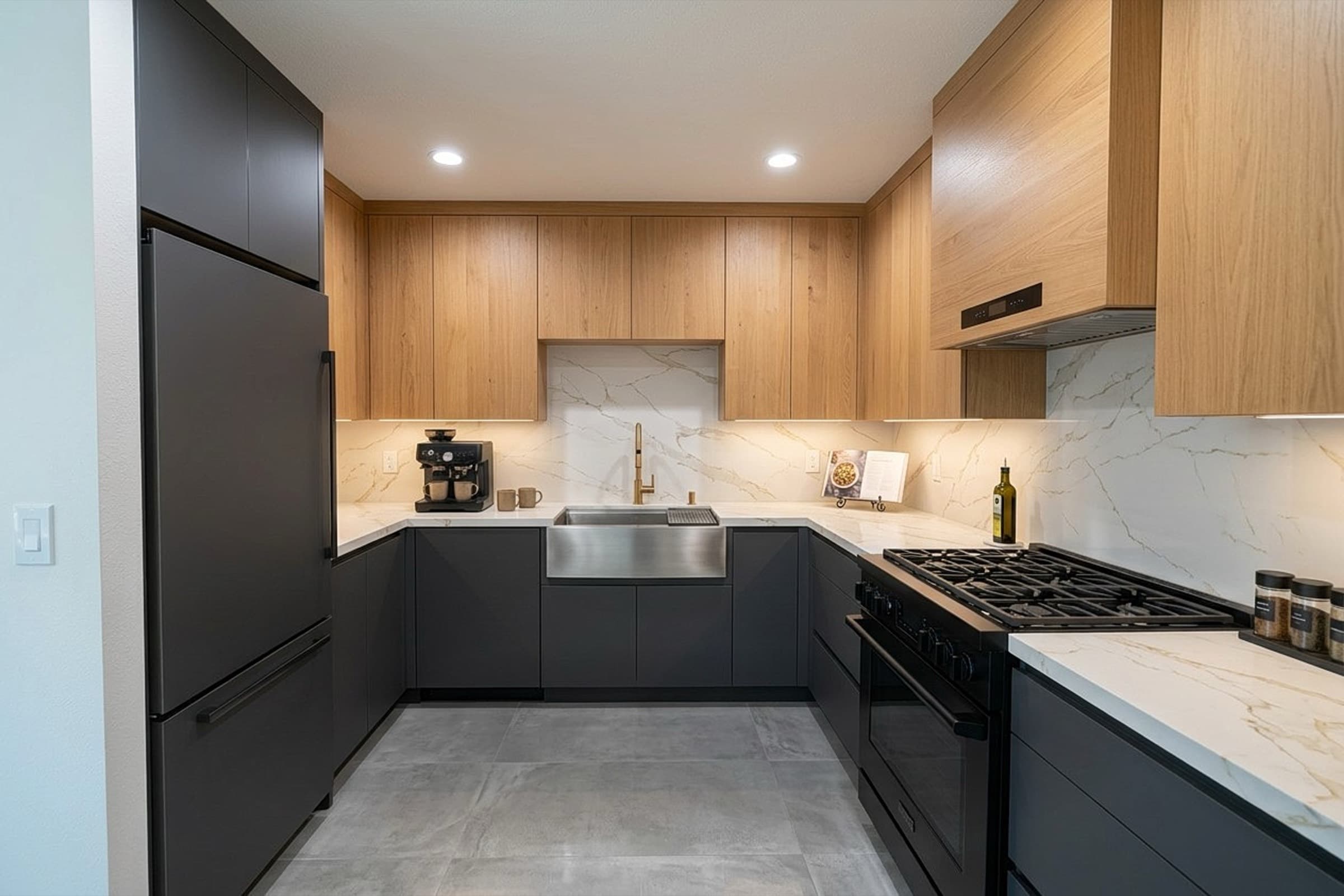 The same kitchen redesigned with black lower cabinets and light oak uppers