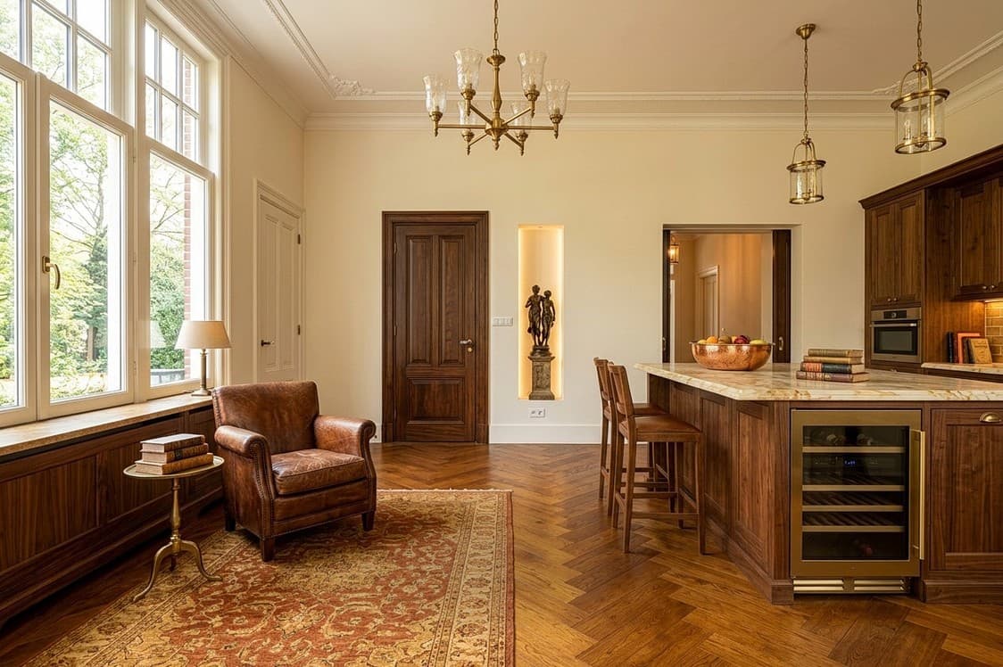 Kitchen and sitting area staged in a traditional style with herringbone floors and a leather armchair