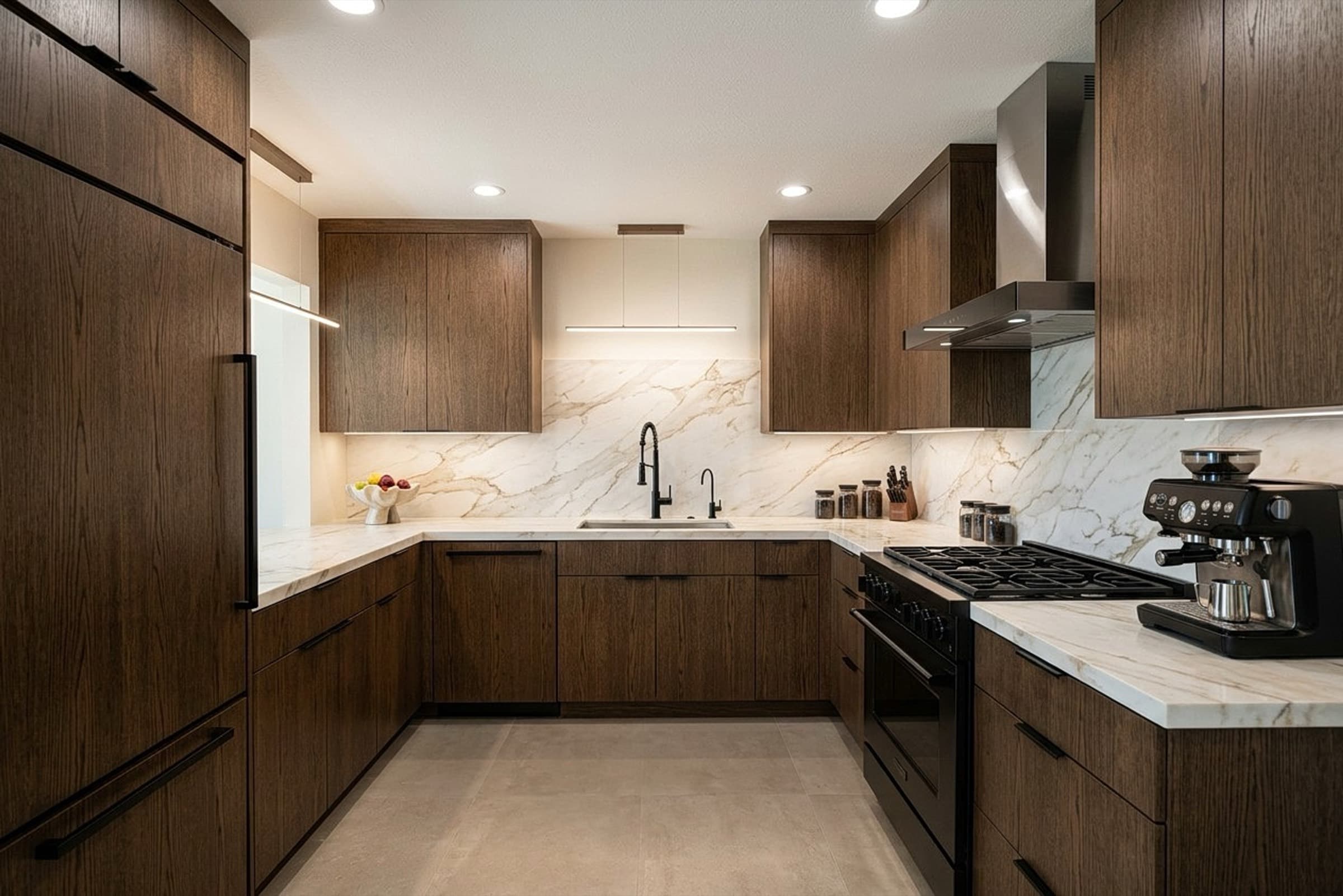 The same kitchen redesigned with flat-front walnut cabinetry and white counters