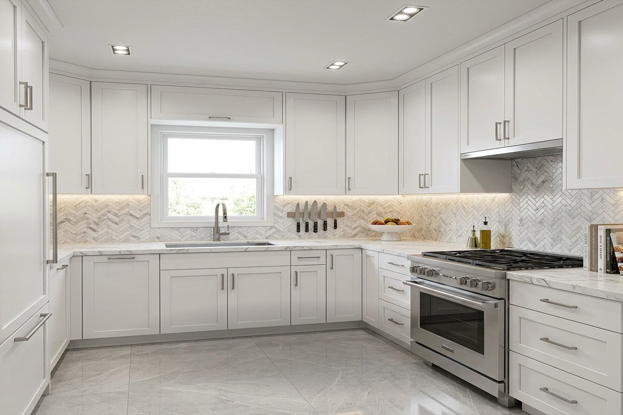 The same kitchen redesigned with white shaker cabinets and marble counters