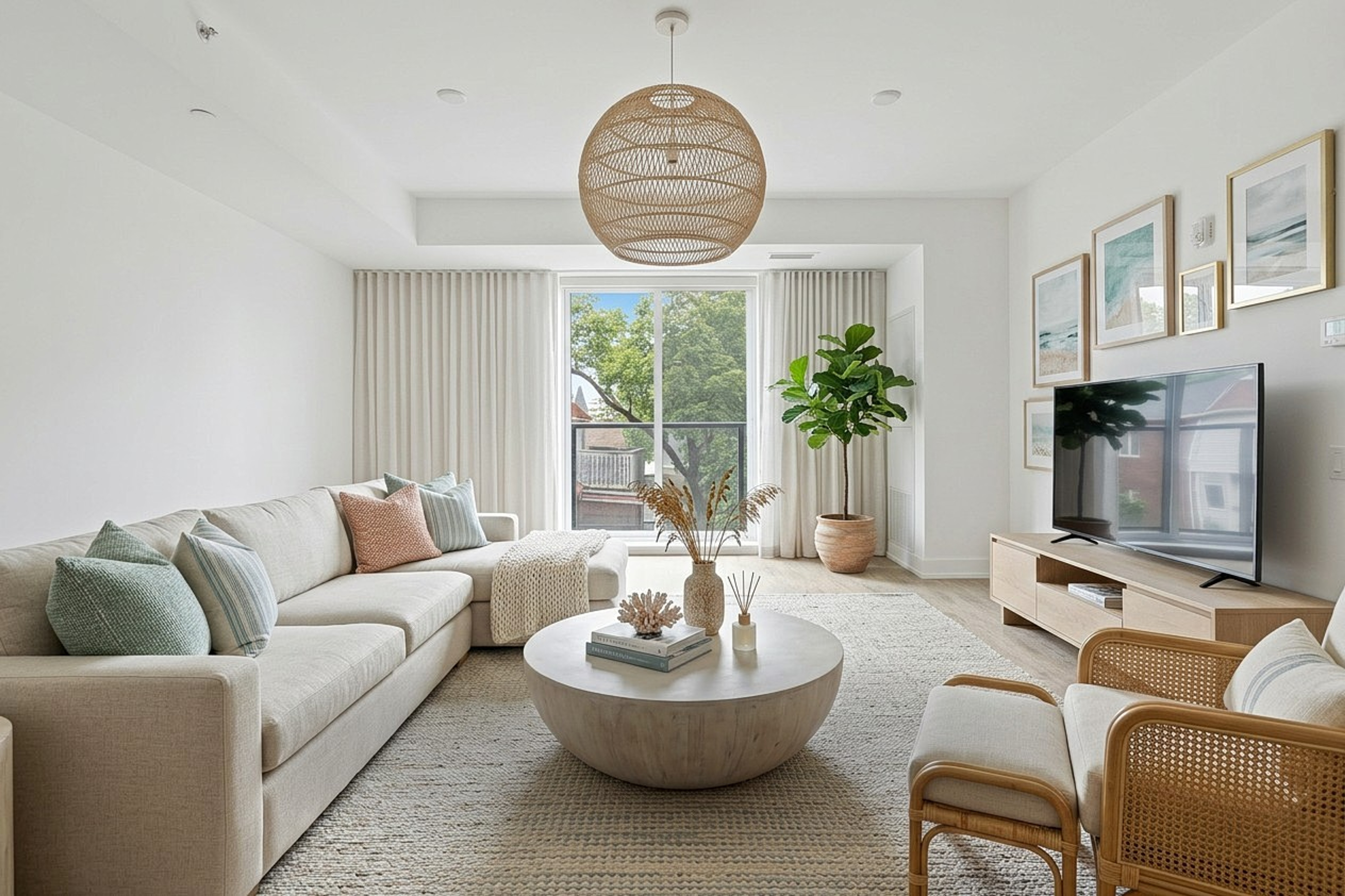 Living room staged in coastal theme with sectional sofa and rattan accents