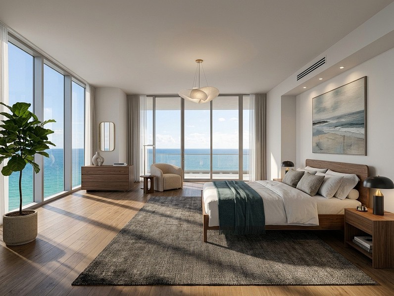 Japandi-styled bedroom rendering with ocean view, warm wood tones and minimal furnishings
