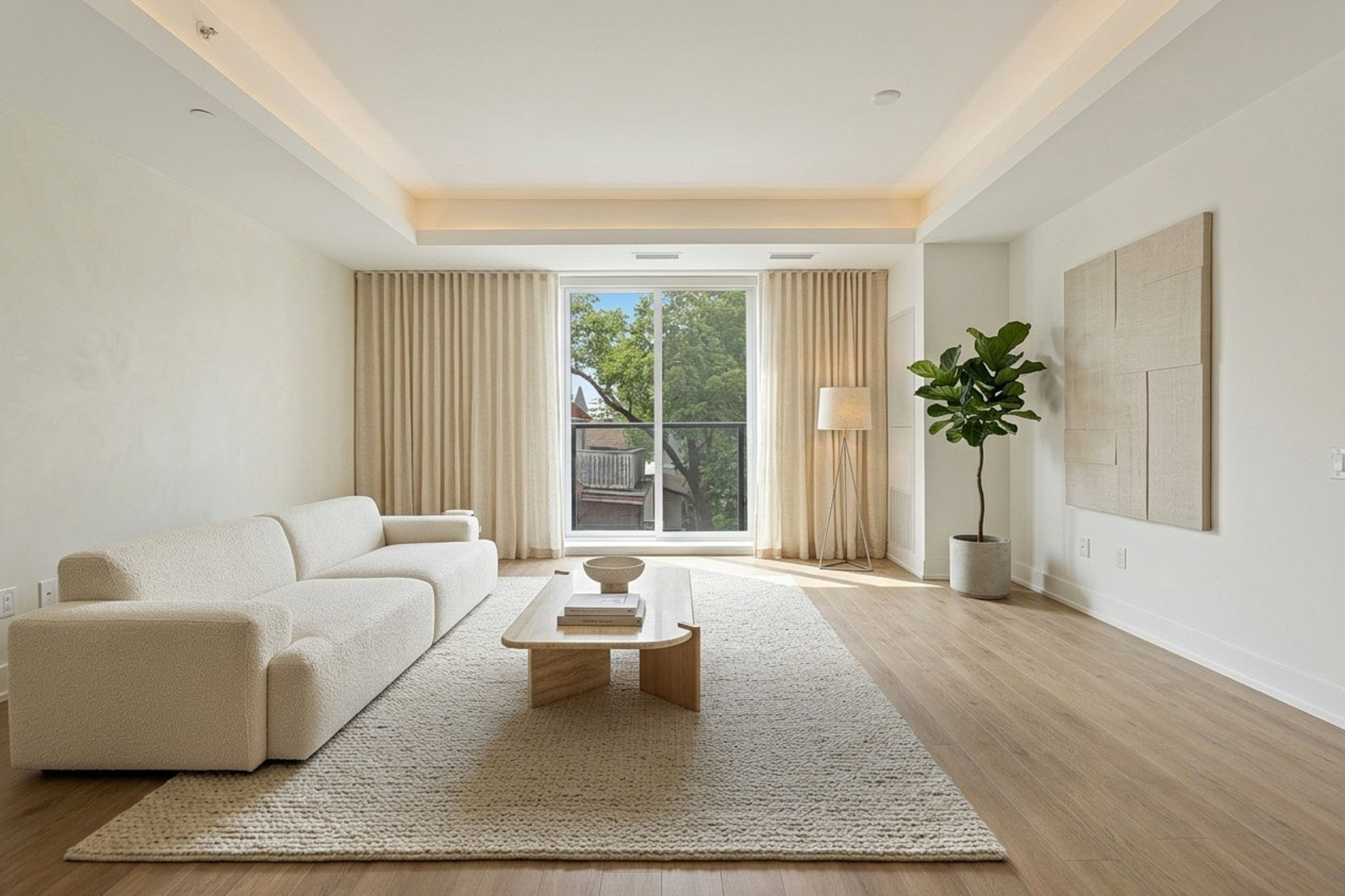 Living room staged in minimalist theme with clean lines and neutral tones