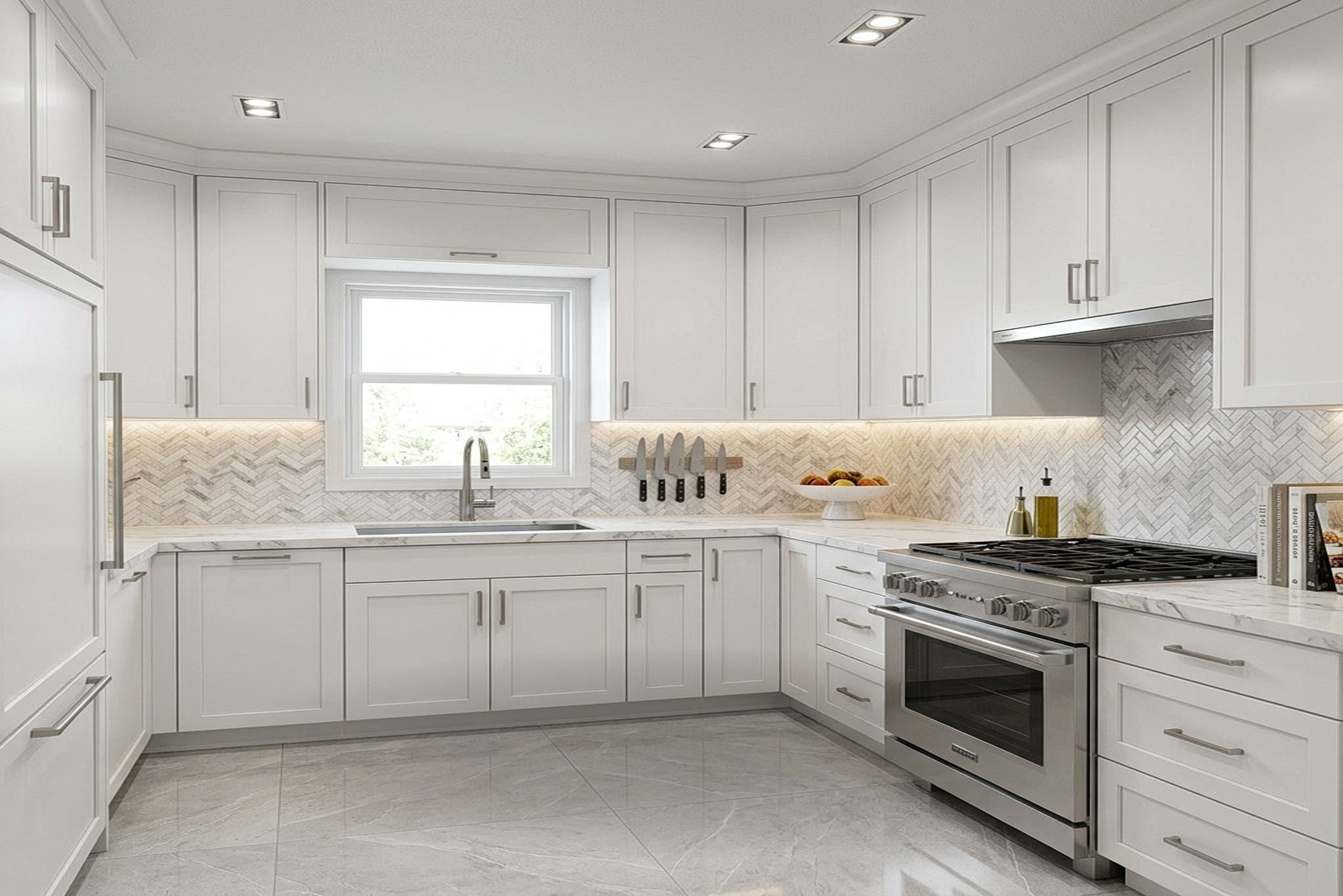 Kitchen renovated with white shaker cabinets and herringbone backsplash